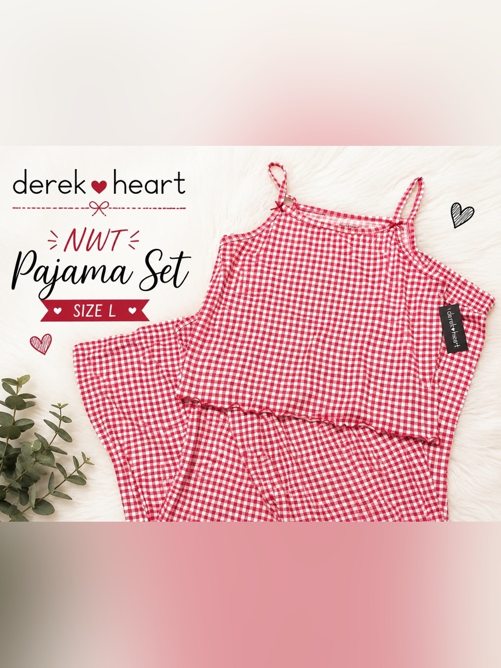 Derek Heart NWT Red White Gingham Pajama Set Size Large Coquette Cottagecore
